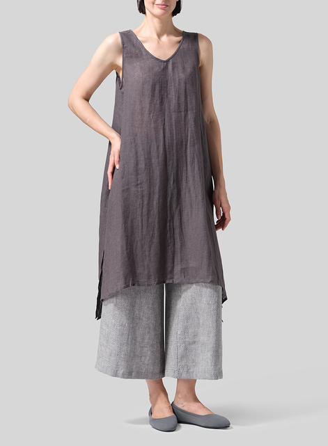 Woven Linen Sleeveless A-shaped Long Blouse
