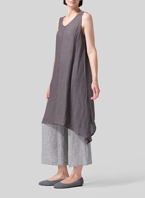 Woven Linen Sleeveless A-shaped Long Blouse
