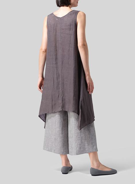 Woven Linen Sleeveless A-shaped Long Blouse