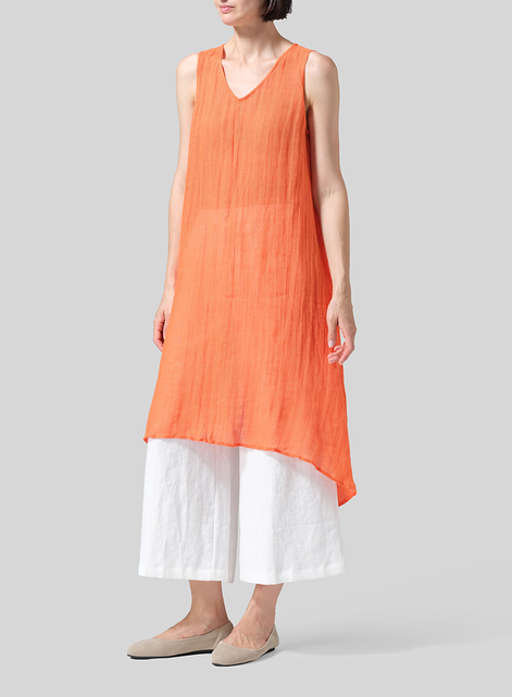 Woven Linen Sleeveless A-shaped Long Blouse