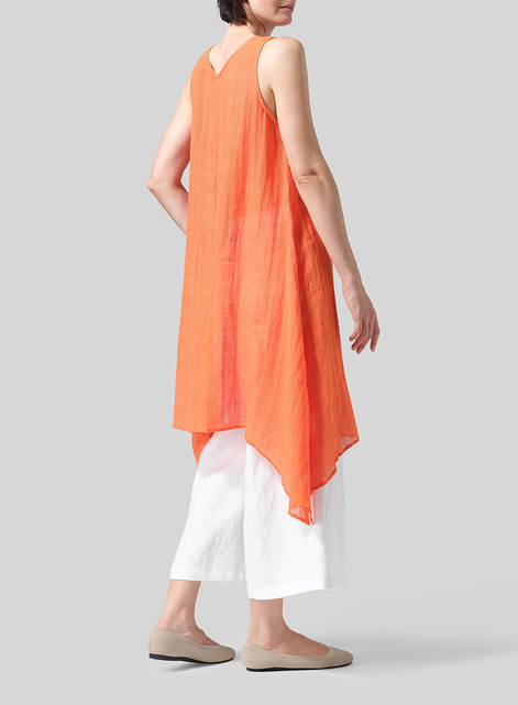 Woven Linen Sleeveless A-shaped Long Blouse