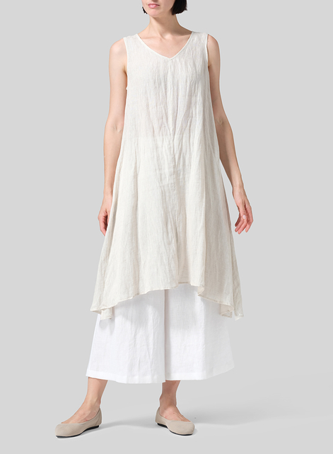 Woven Linen Sleeveless A-shaped Long Blouse