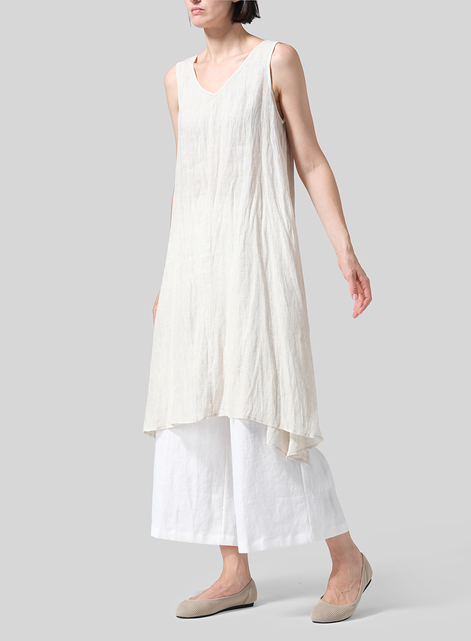 Woven Linen Sleeveless A-shaped Long Blouse