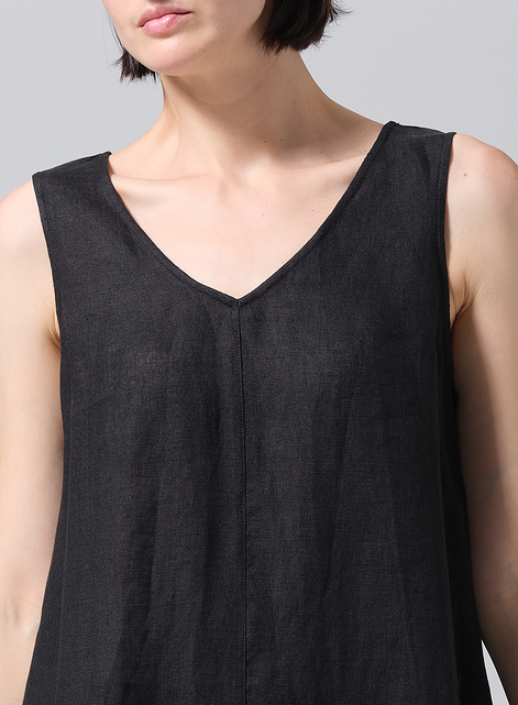 Woven Linen Sleeveless A-shaped Long Blouse