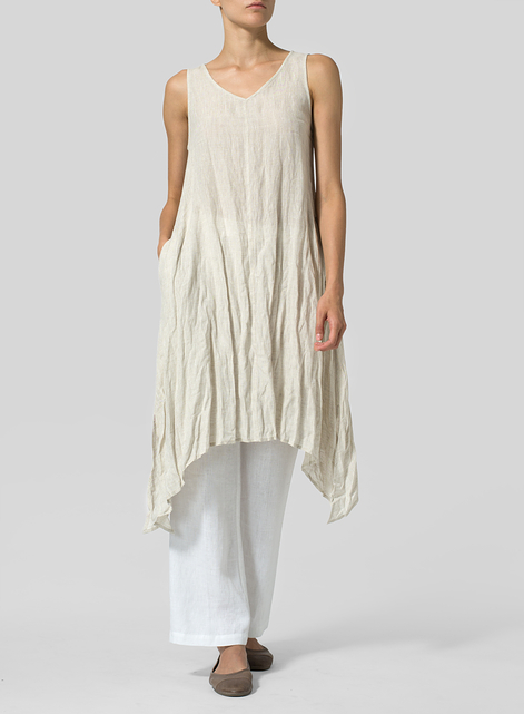 Linen Sleeveless Crumple Effect Long Dress