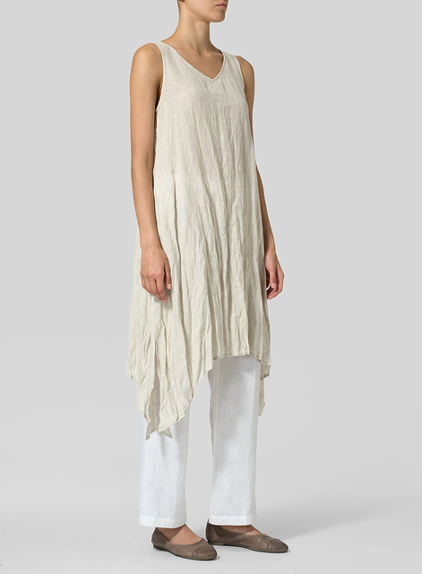 Linen Sleeveless Crumple Effect Long Dress