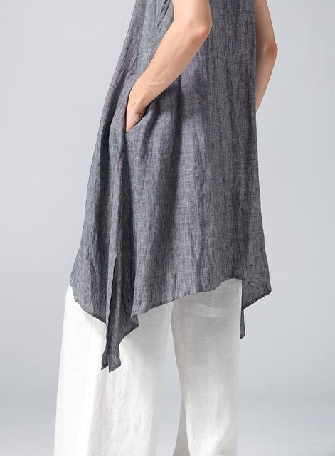 Linen Sleeveless Crumple Effect Long Dress