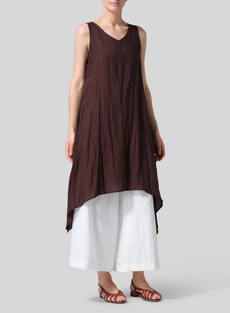 Linen Sleeveless Crumple Effect Long Dress