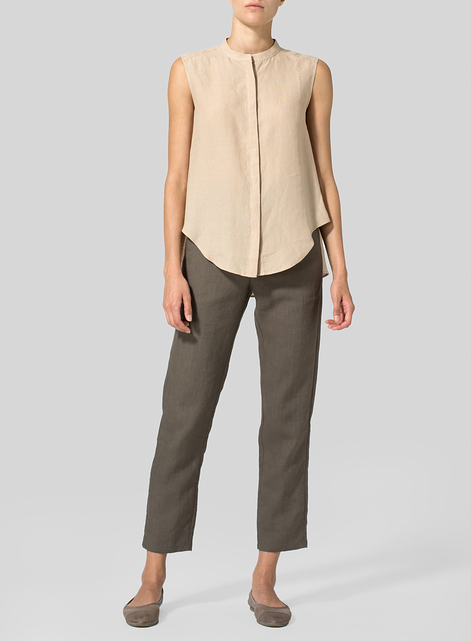Linen A-line Sleeveless Top with Mandarin Collar
