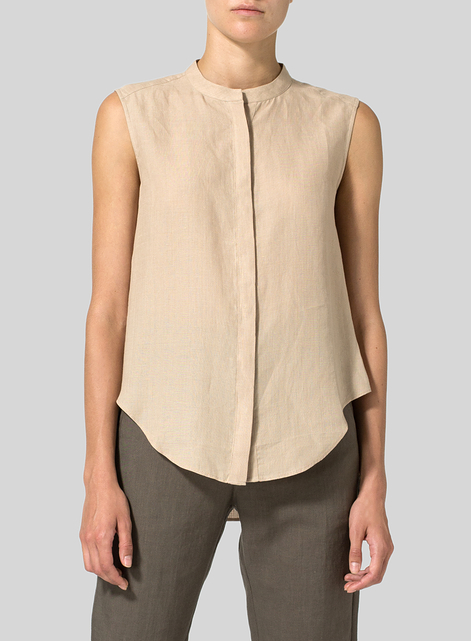 Linen A-line Sleeveless Top with Mandarin Collar