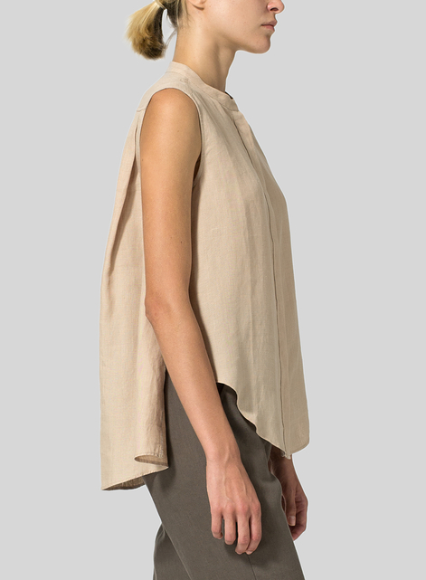 Linen A-line Sleeveless Top with Mandarin Collar