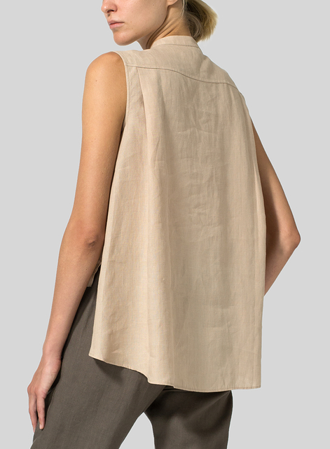 Linen A-line Sleeveless Top with Mandarin Collar
