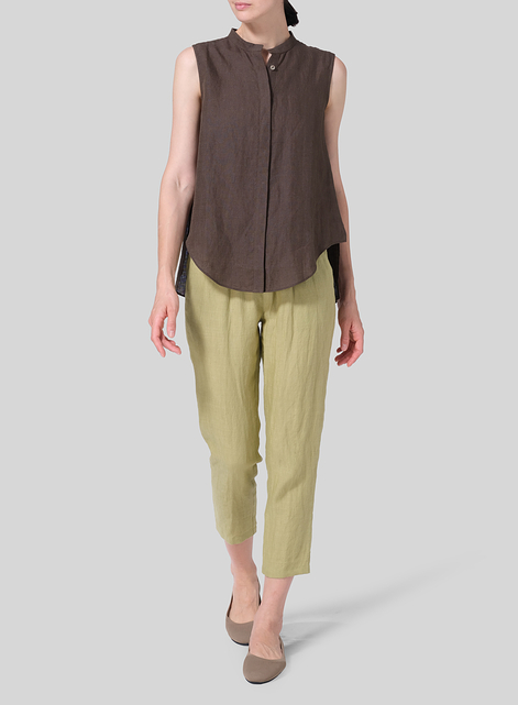 Linen A-line Sleeveless Top with Mandarin Collar