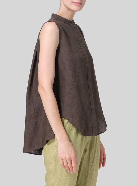 Linen A-line Sleeveless Top with Mandarin Collar
