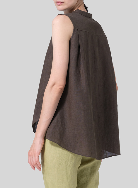 Linen A-line Sleeveless Top with Mandarin Collar