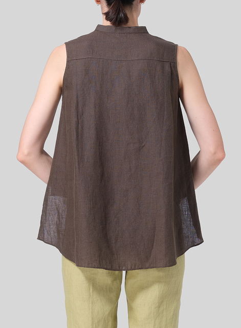 Linen A-line Sleeveless Top with Mandarin Collar