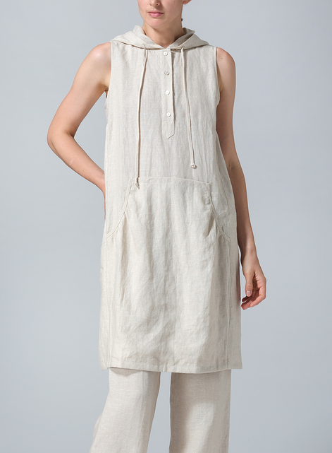 Linen Sleeveless Hoodie Long Tunic