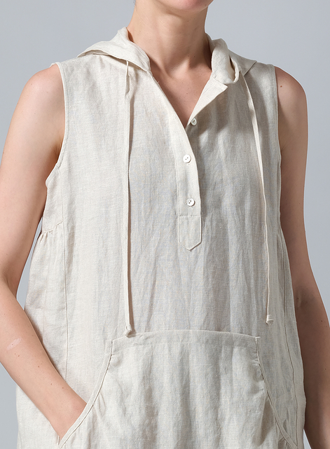 Linen Sleeveless Hoodie Long Tunic