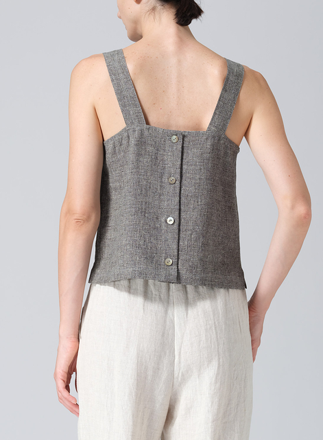 Linen Square Neckline Button-Back Straight Short Tank