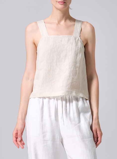 Linen Square Neckline Button-Back Straight Short Tank