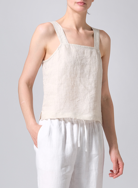 Linen Square Neckline Button-Back Straight Short Tank