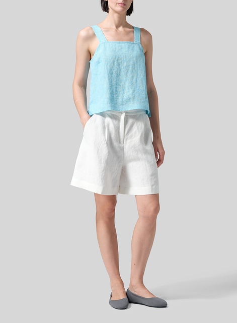 Linen Square Neckline Button-Back Straight Short Tank