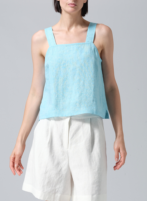 Linen Square Neckline Button-Back Straight Short Tank