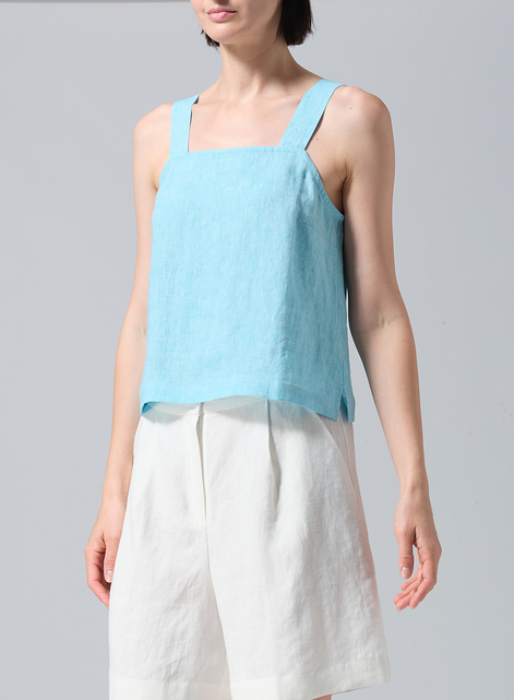 Linen Square Neckline Button-Back Straight Short Tank