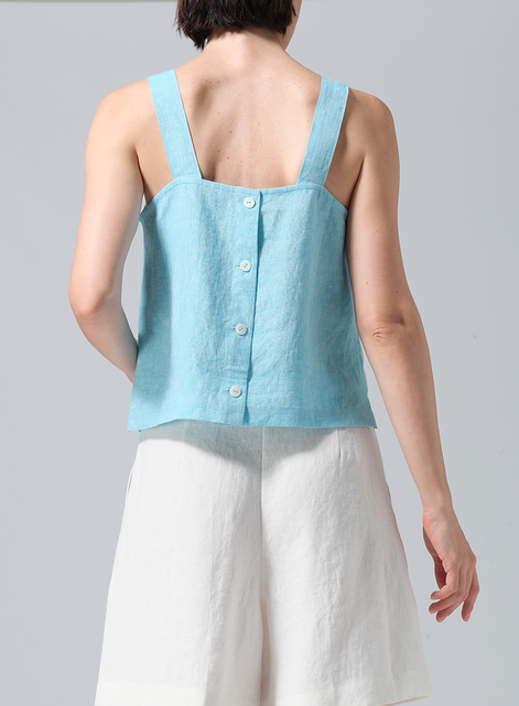 Linen Square Neckline Button-Back Straight Short Tank