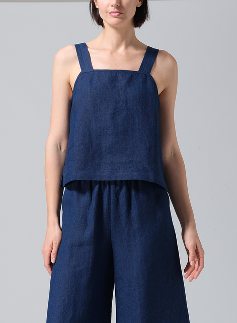 Linen Square Neckline Button-Back Straight Short Tank