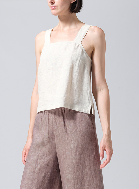 Linen Square Neckline Button-Back Straight Short Tank