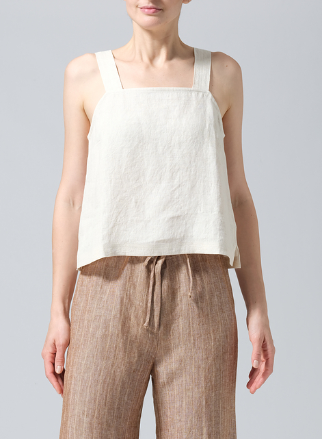 Linen Square Neckline Button-Back Straight Short Tank