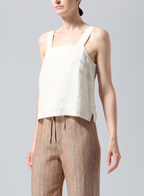 Linen Square Neckline Button-Back Straight Short Tank