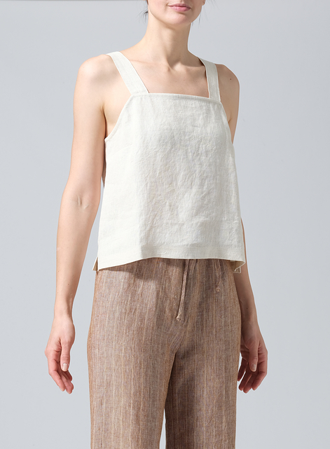 Linen Square Neckline Button-Back Straight Short Tank