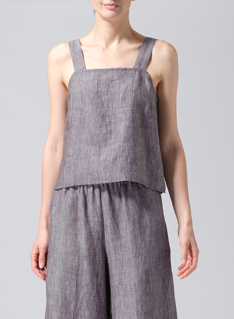 Linen Square Neckline Button-Back Straight Short Tank