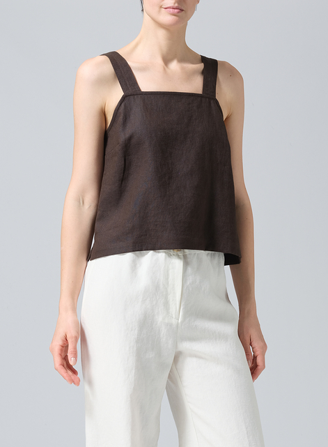 Linen Square Neckline Button-Back Straight Short Tank
