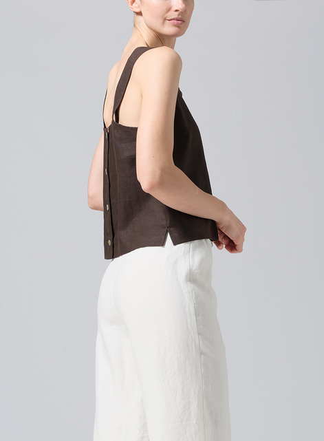 Linen Square Neckline Button-Back Straight Short Tank