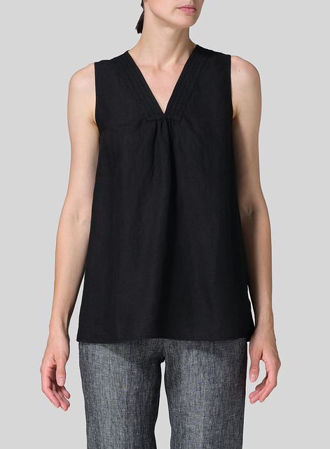 Linen Embroidered V-Neck Sleeveless Top