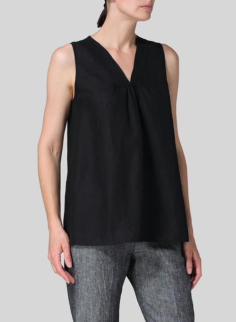 Linen Embroidered V-Neck Sleeveless Top