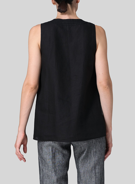 Linen Embroidered V-Neck Sleeveless Top