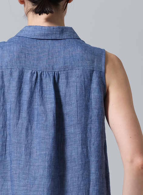 Linen Sleek Sleeveless Lapel Shirt Top