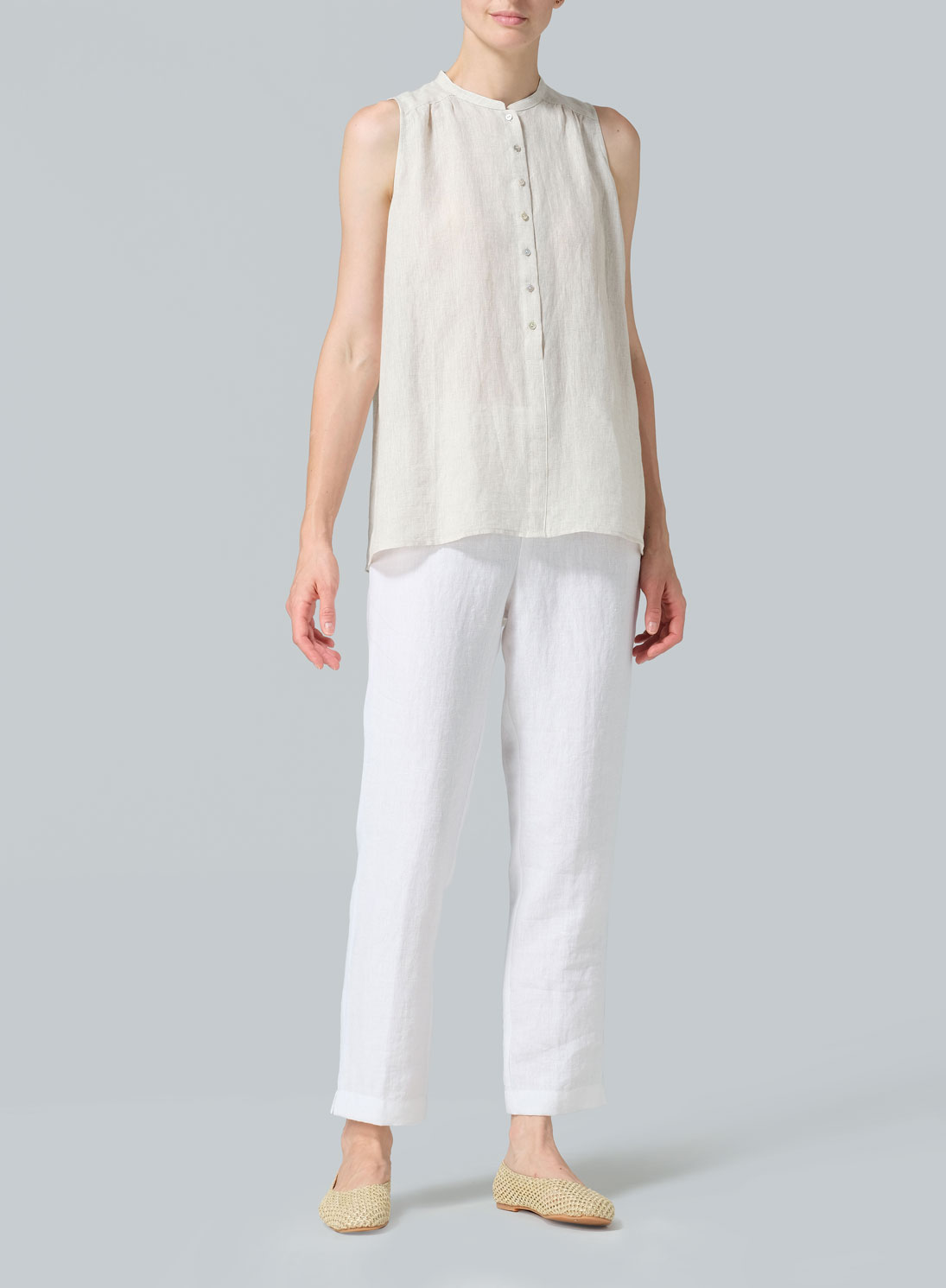 Linen Mandarin Collar A-Line Sleeveless Shirt