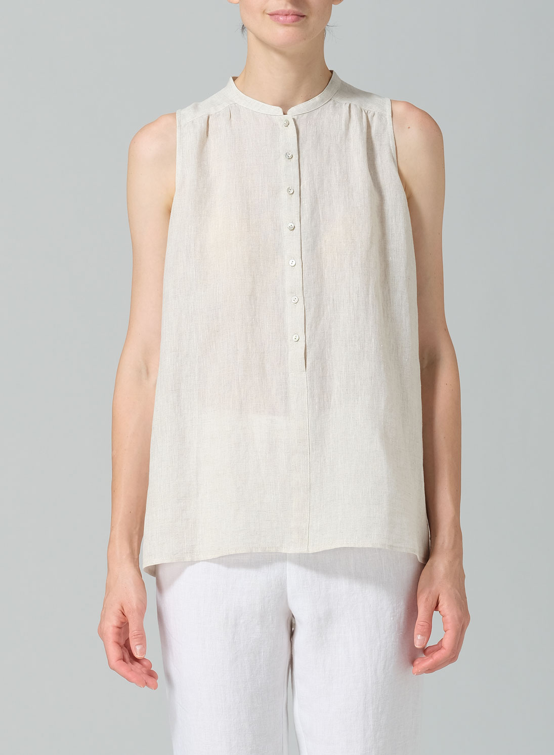 Linen Mandarin Collar A-Line Sleeveless Shirt