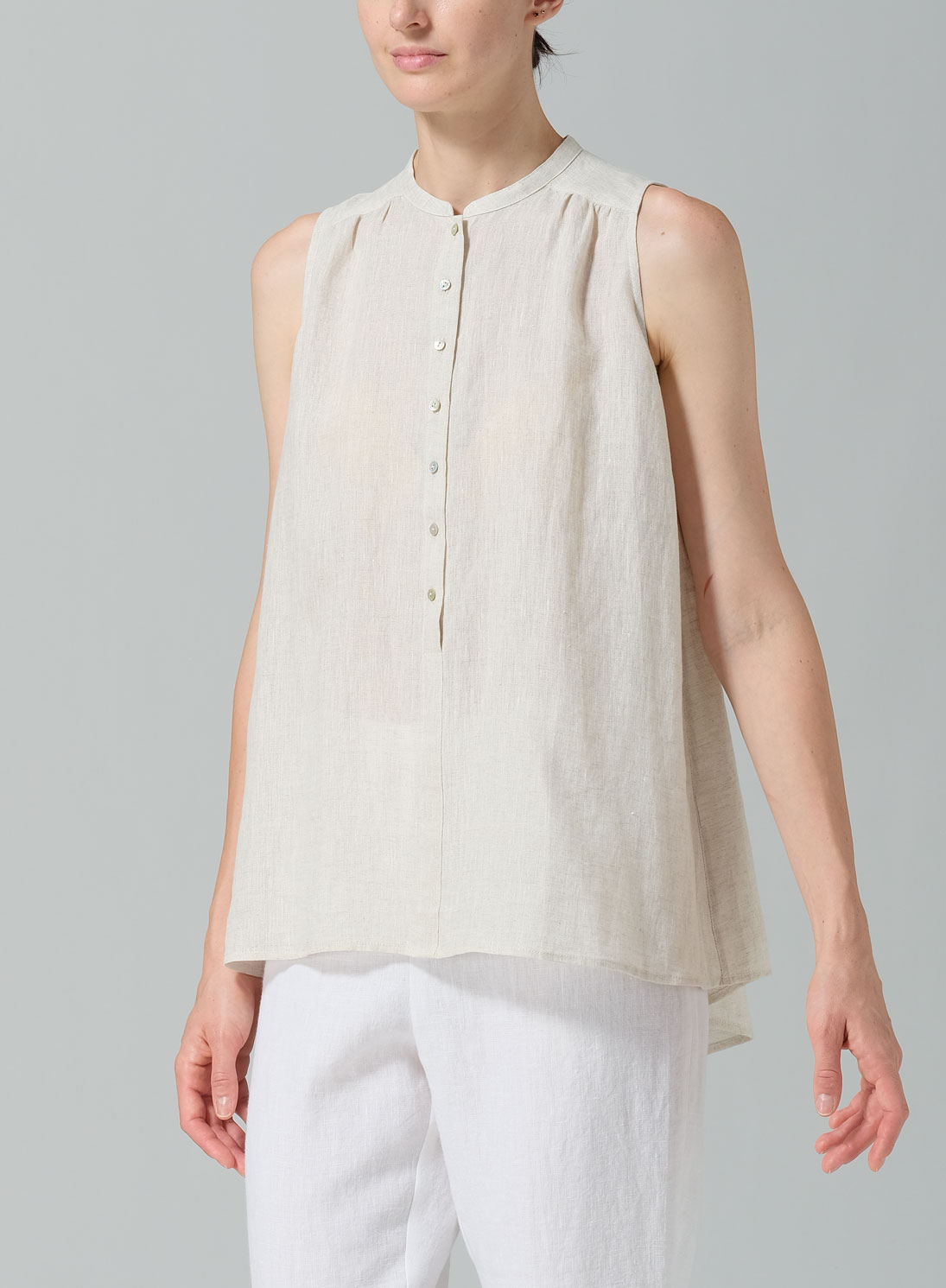 Linen Mandarin Collar A-Line Sleeveless Shirt