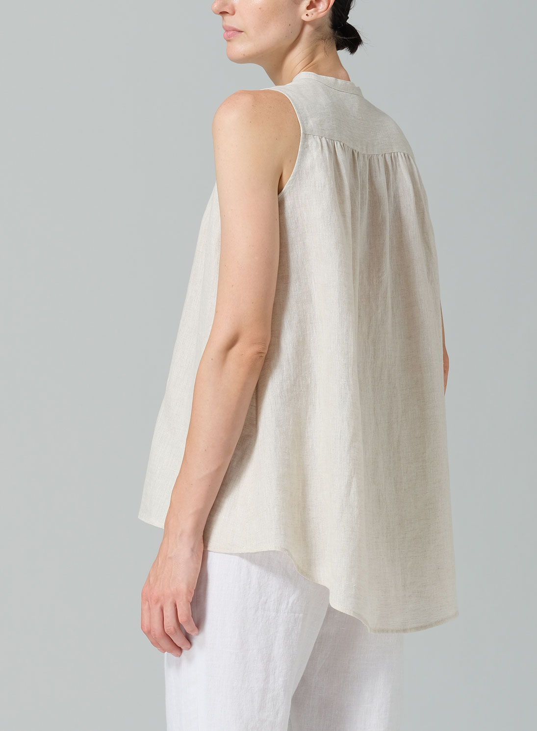 Linen Mandarin Collar A-Line Sleeveless Shirt