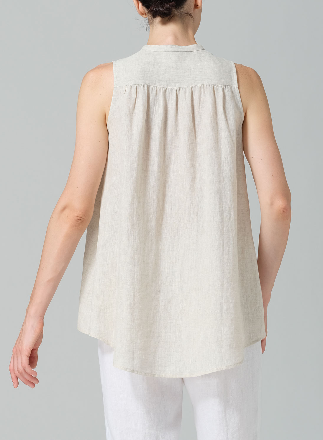 Linen Mandarin Collar A-Line Sleeveless Shirt