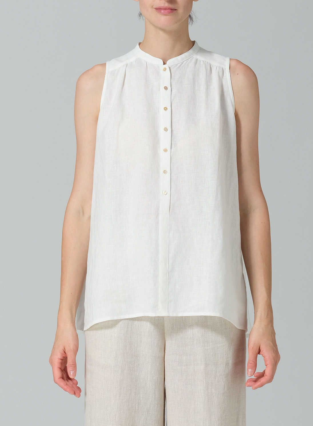 Linen Mandarin Collar A-Line Sleeveless Shirt