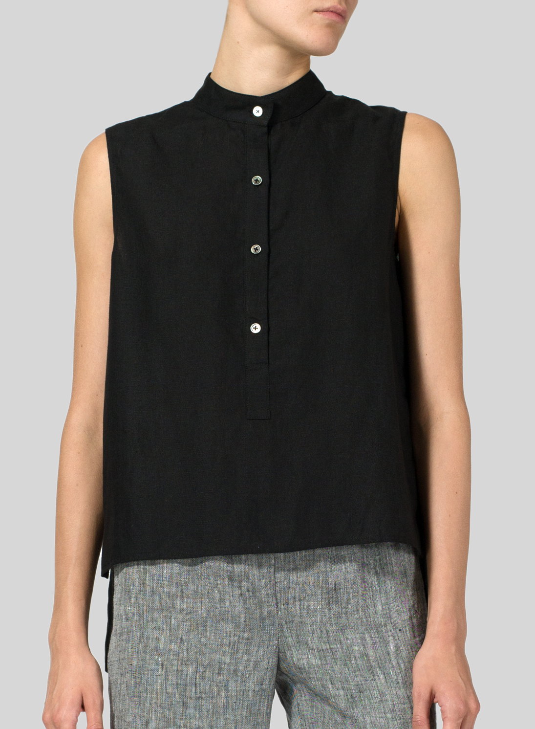 Black Linen Mandarin Collar Vest